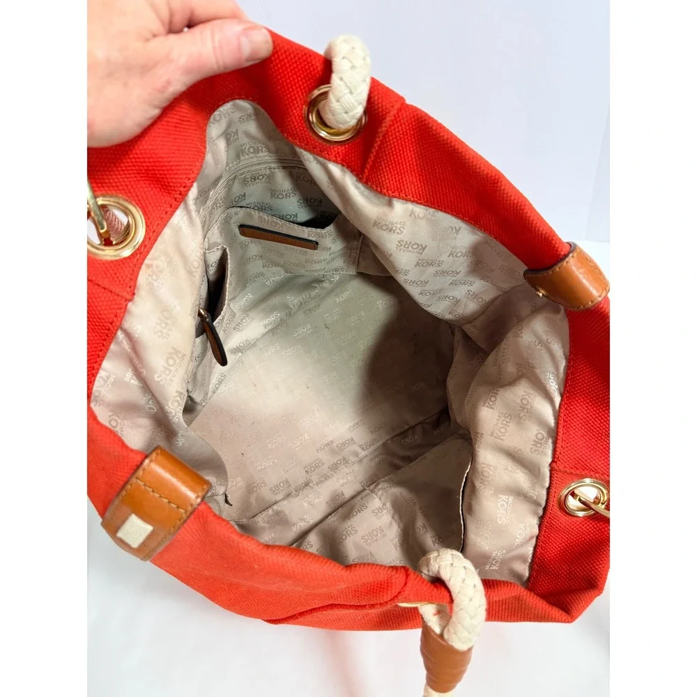 Michael Kors Marina Orange Canvas Rope Handle Tote Nautical Gold Hardware